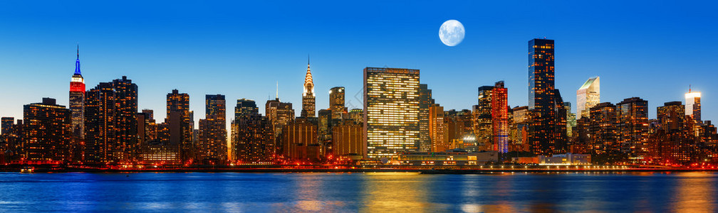 曼哈顿深夜纽约市天际线全景图片