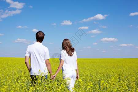 夏天在黄色草地上散步的多情夫妇的背影图片