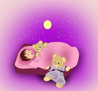 一个小孩睡在泰迪熊和有月亮和图片