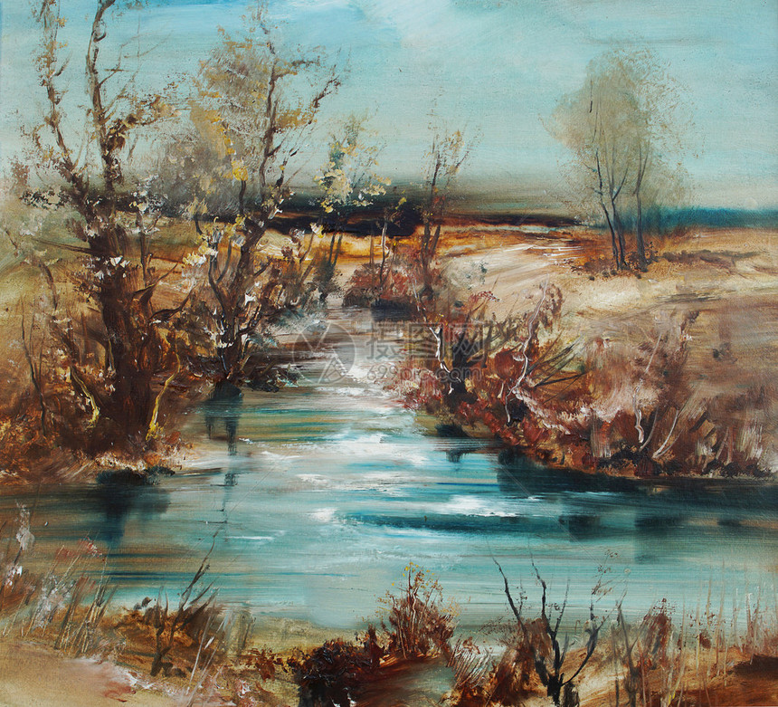 风景与树木和小溪油画艺术背景图片