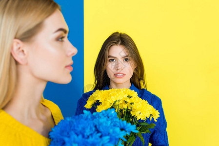 蓝色和黄色背景中突显蓝色和黄色菊花的图片