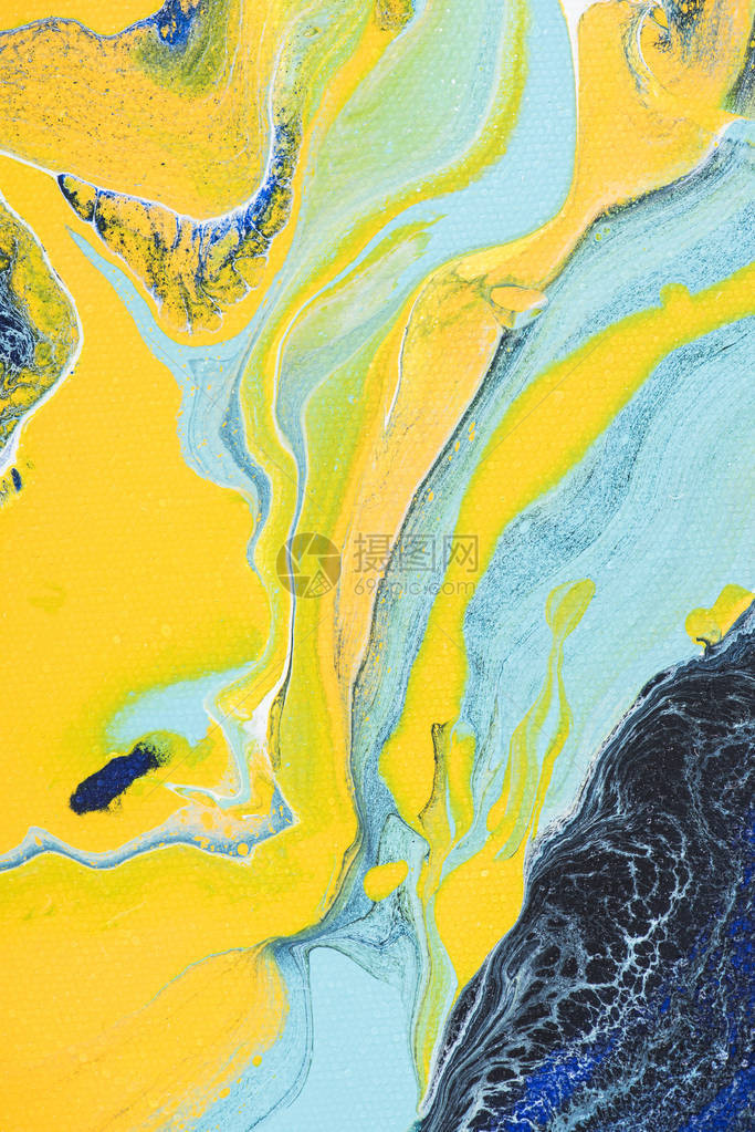 用黄色和蓝色油漆着色的抽象丙烯酸纹理图片
