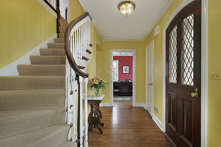 带前门和楼梯的黄色门厅图片
