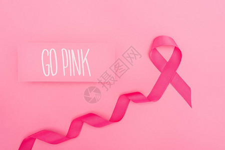 粉红色字母和粉红色背景上的乳癌丝带的图片
