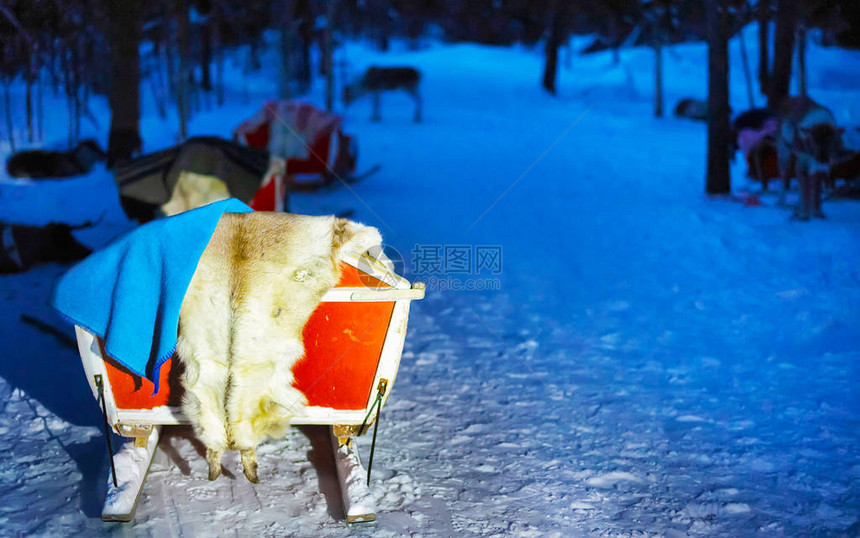 芬兰夜间拉普兰农场罗瓦涅米的驯鹿雪橇在晚上冬天雪橇乘坐野生动物园的圣诞雪橇与雪芬兰北极与挪威萨米图片