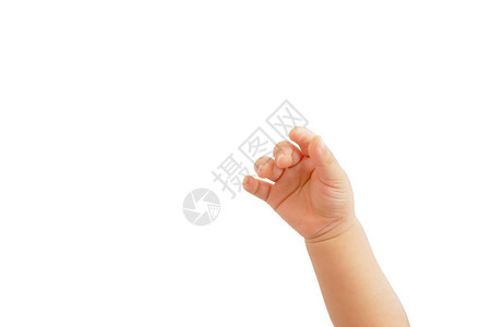 肥胖的亚洲小男孩的手在伸出手来在白色背景上刻图片