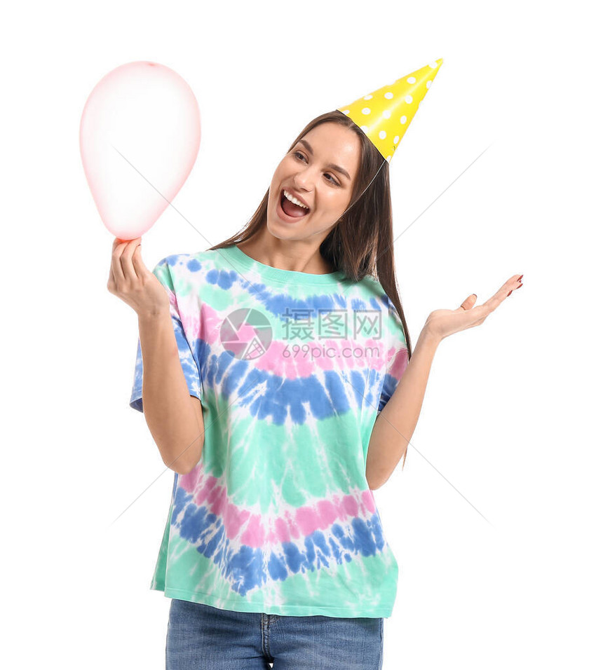 穿着帽和白色背景气球的女子四月愚图片