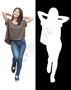 亚洲女孩青少年模特快乐和笑容放松站在白色背景的孤立地站着与阿尔法图片