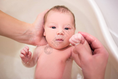 可爱的新生婴儿在父亲手里洗图片