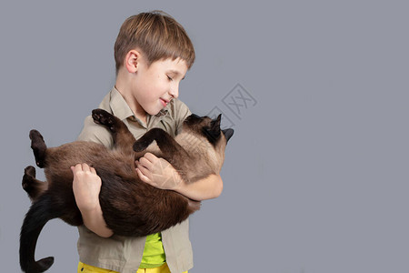 一个孩子和一只猫的肖像一个带着图片