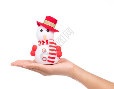 手持雪人玩具身着围巾和帽子在白色图片