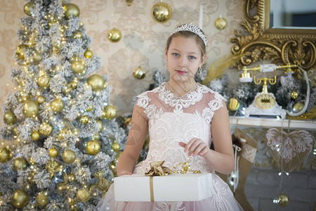新年树的优雅女孩带着礼物圣诞节的孩子一个豪华的少年在丰富的圣图片