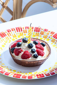 生日蛋糕有蜡烛有草莓蓝莓和奶背景图片
