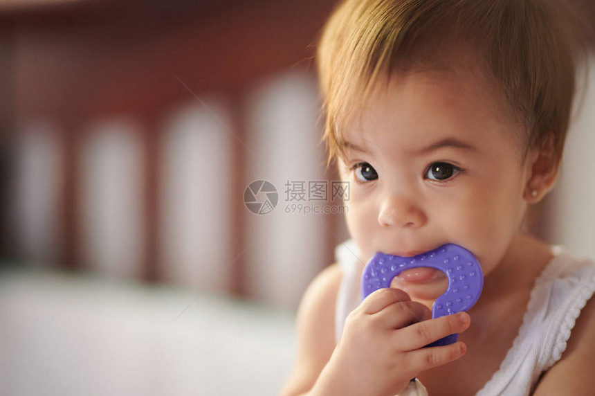 吮紫色玩具的孩子婴儿咬塑料图片