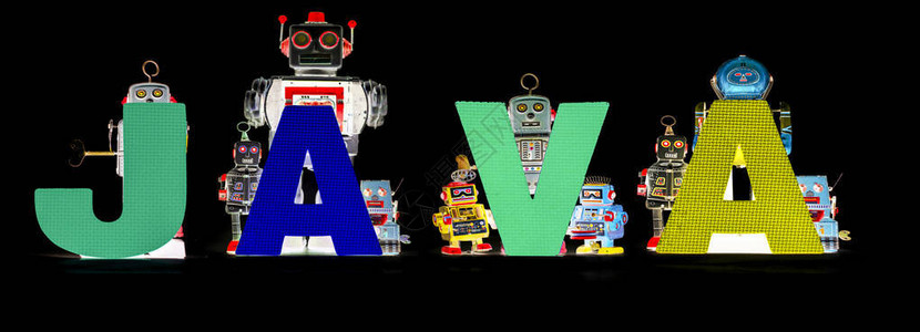 复古锡机器人玩具高举着黑色横幅上的JAVA字样图片