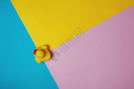 蓝粉和黄色背景的黄橡皮鸭浴室概念复图片