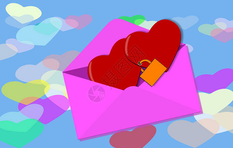照顾爱由挂锁连接的两颗心总是装在信封里的爱消息概念图片