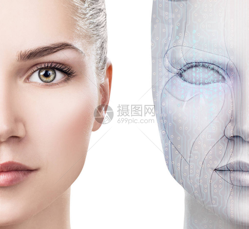 她脸上有机器部位的Cyborg女人图片