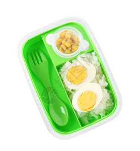 白色背景中带美味食物的午餐盒图片