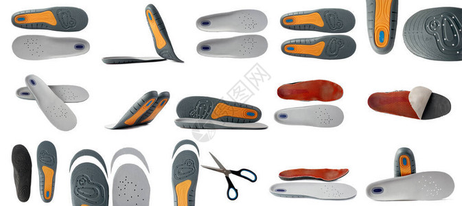 泡沫鞋垫和硅胶垫隔离在白色背景上设置不同的新旧鞋垫减震图片