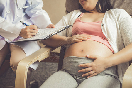 快乐的孕妇在医院或医疗诊所拜访妇科医生进行怀孕咨图片