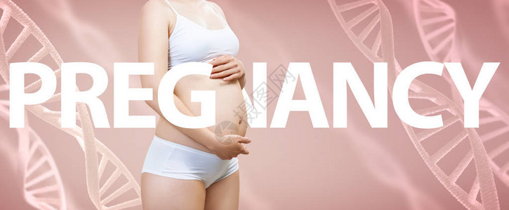 年轻孕妇从DNA根和大字PREGNANCY中抚摸肚子图片