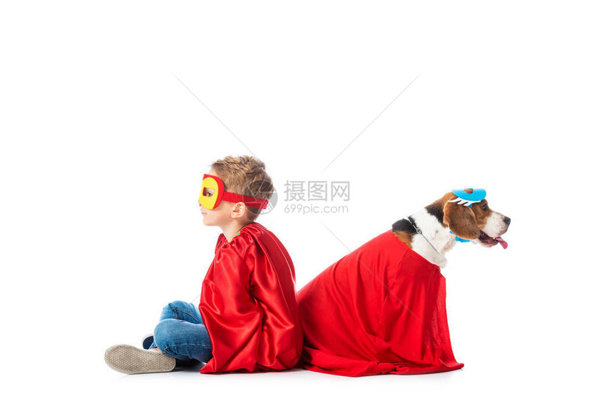 身戴面具的学龄前儿童和小狗和白狗图片