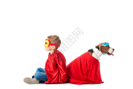 身戴面具的学龄前儿童和小狗和白狗背景图片