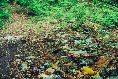 非人哉垃圾堆在植物之间的森林里有毒塑料无处不在公园内植被间的垃圾堆被污染的土壤环境污染生态问题背景