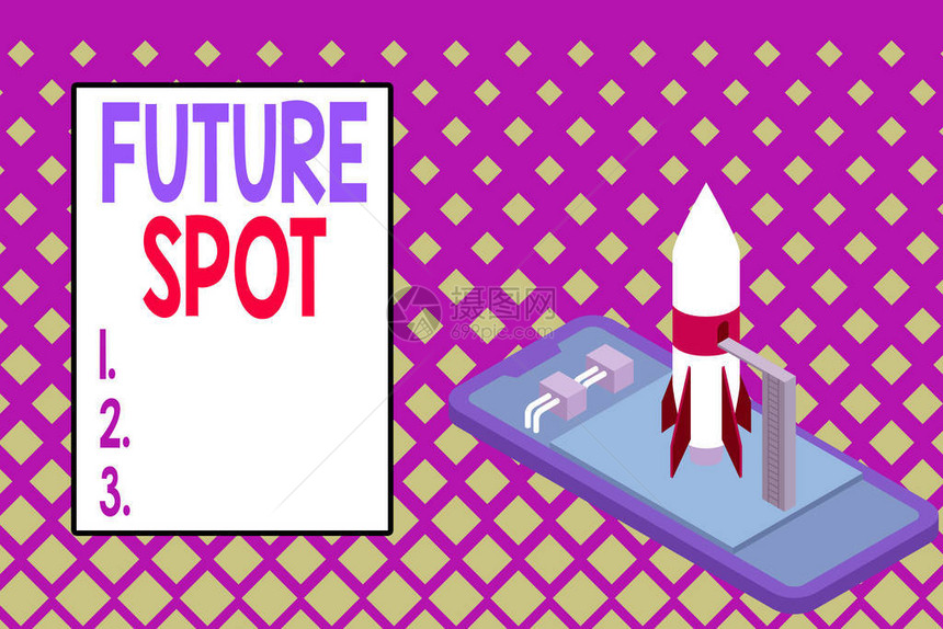 显示FuturoSpot的书写笔记商业概念是指将在未来发生的行动准备发射火箭躺在智能手机图片