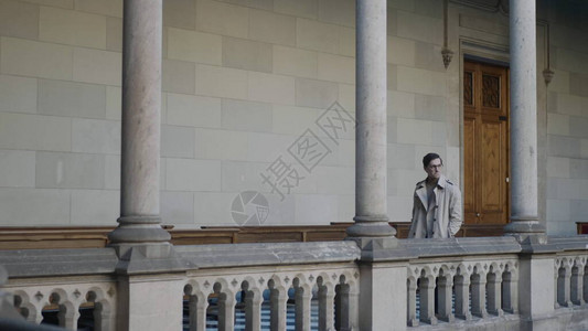 走在大学的柱廊走的时髦的人英俊的学生站在大学走廊自信的商人穿图片