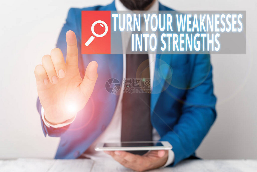 写笔记显示把你的弱点变成优势解决你的缺陷以突袭它们的商业理念用手指图片