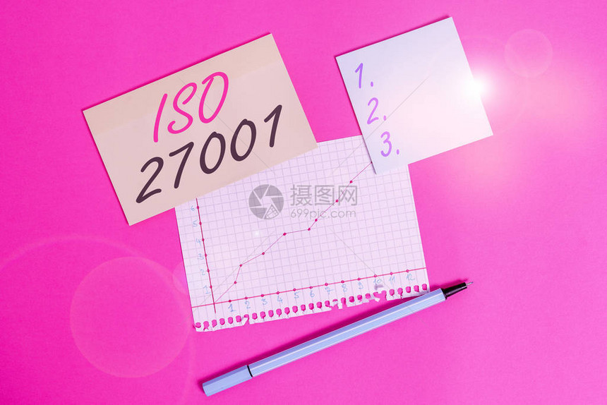 显示Iso27001的书写笔记信息安全分析系统规范的业务概念固定和便条纸表图片