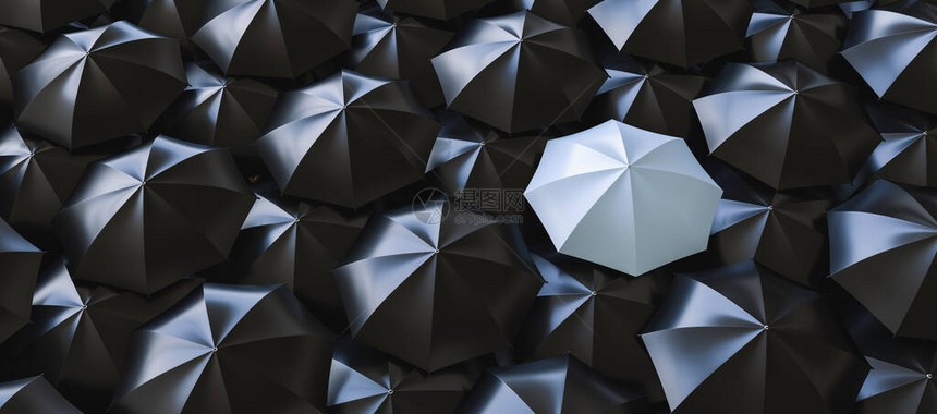 众多深色伞中独一无二的灰色伞从人群个和差异概图片