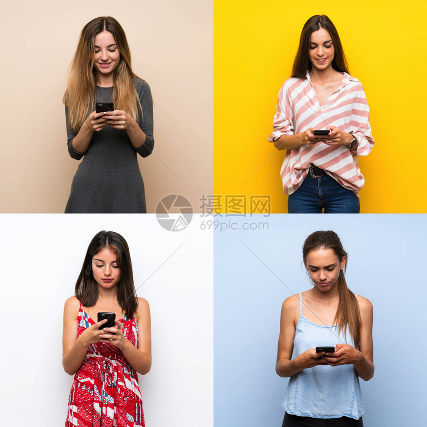 一组女使用手机发送信息info图片