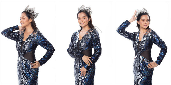 拼贴组包亚洲小姐选美大赛肖像在蓝色银亮片晚礼服与闪发光的钻石皇冠背景图片