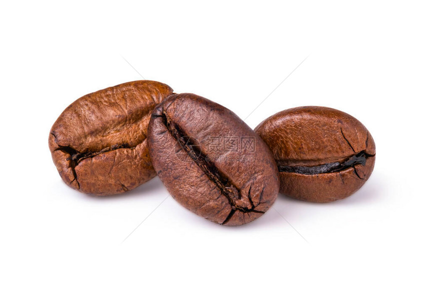 三个新鲜烤焦的深褐色阿拉伯咖啡豆图片