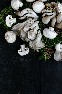 牡蛎蘑菇躺在一张深色的木桌上图片