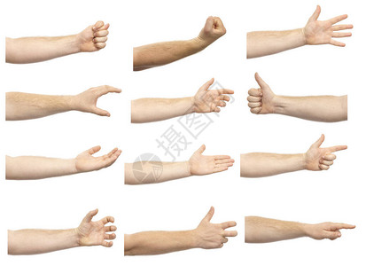 男手拼贴画显示在白色背景上孤立的各种手势一套各图片