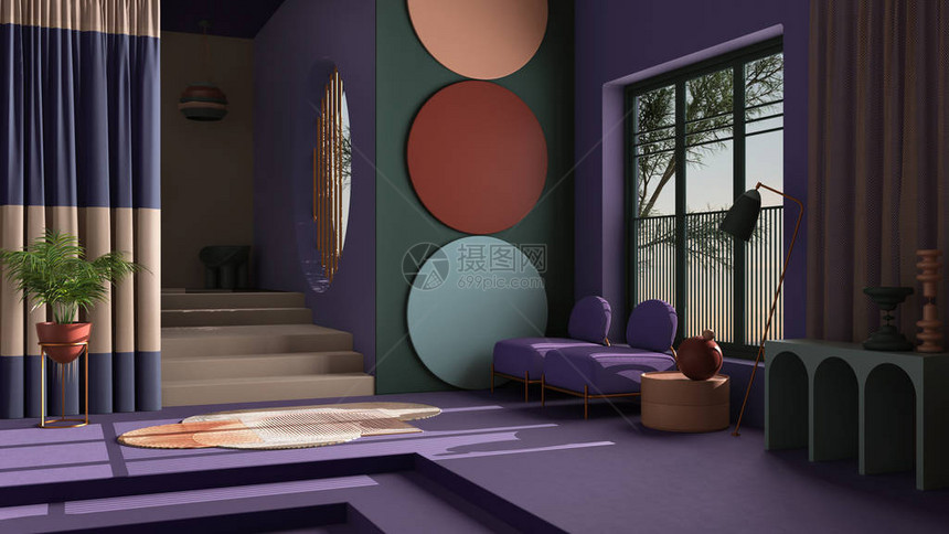 古典空间中平面的柔和色彩和形而上学抽象物混凝土楼梯和紫色墙壁扶手椅盆栽植物地毯和灯图片