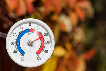 具有摄氏刻度的室外温度计显示温暖的温度图片