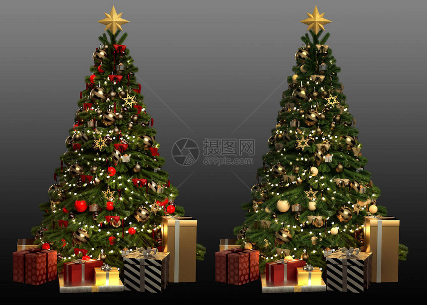 带礼物的节日圣诞树两种颜色图片