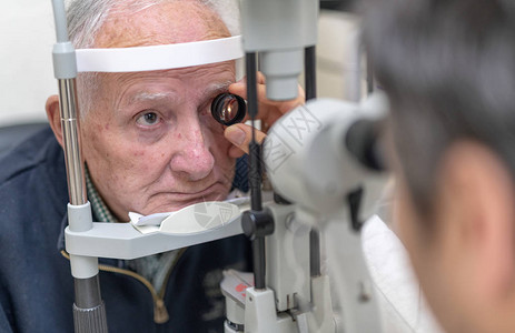 专业观察家在现代眼科诊所使用特殊设备检查一名老年男病人单位图片