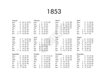 所有月份的1853年老式日历背景图片