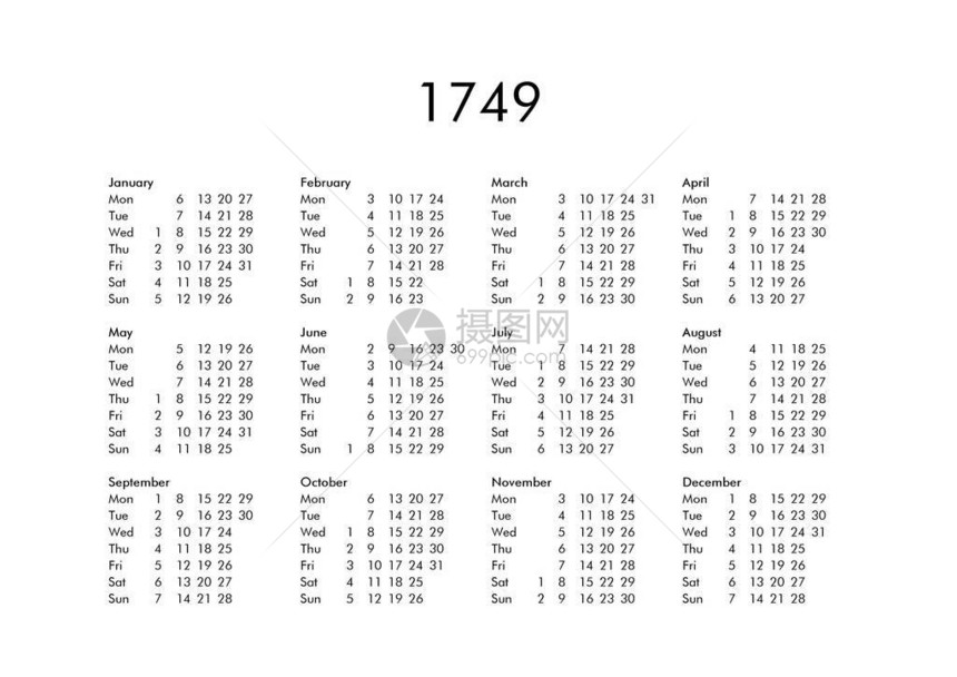 所有月份的1749年老式日历图片