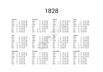 1828年所有月份的老式日历背景图片