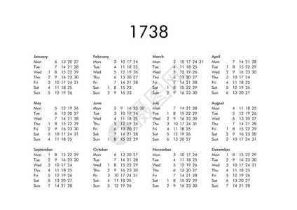 所有月份的1738年老式日历背景图片