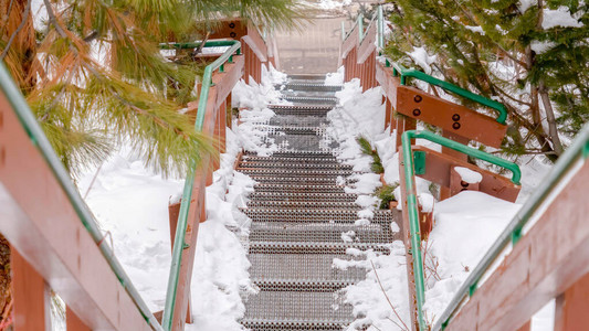 冬季在雪山上用手扶着铁丝网的金属梯子俯视四周图片
