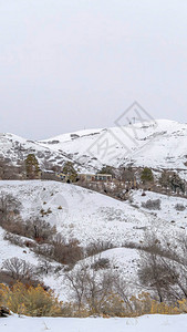 盐湖城风景中的垂直山岳房屋冬季满是积雪图片