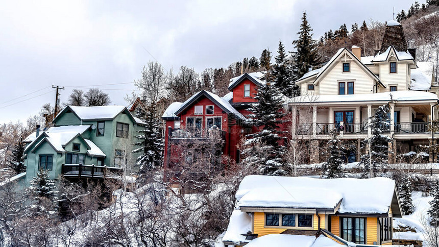 五颜六色的家庭住宅坐落在一个小山附近图片